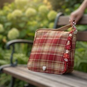 Red plaid crossbody shoulder bag with emerald whistle chain